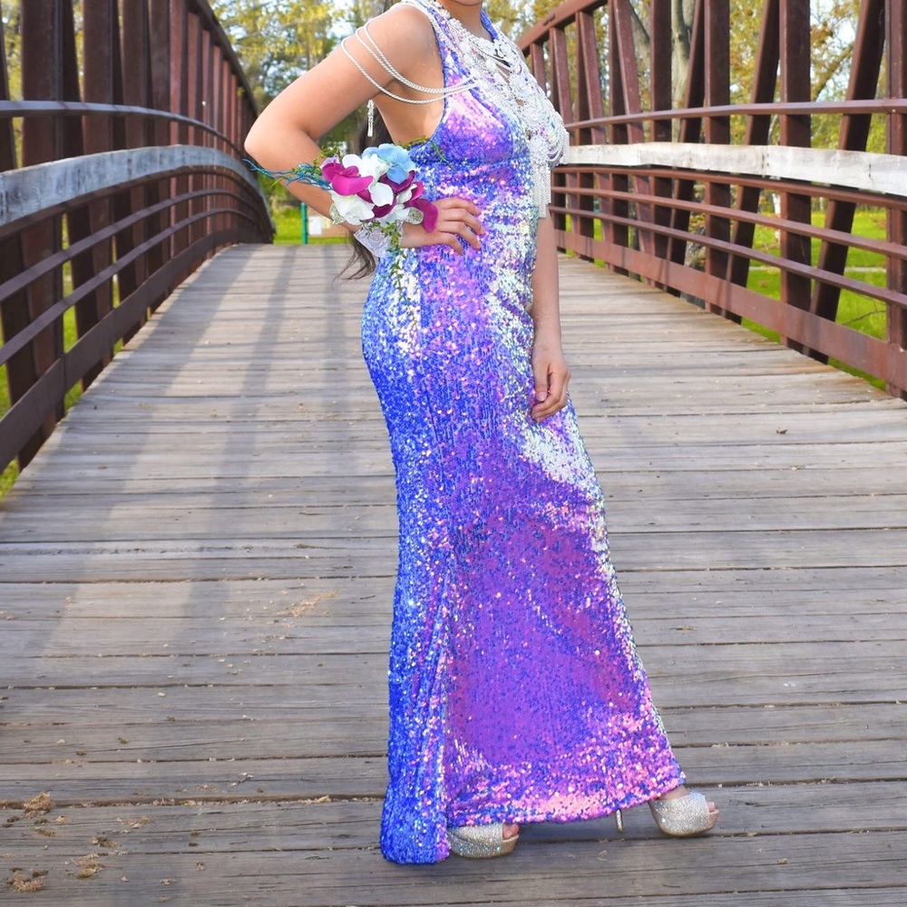 Mermaid Purple Sequin Halter Dress